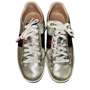 Gucci Metallic Sneakers with Red and Black Accents